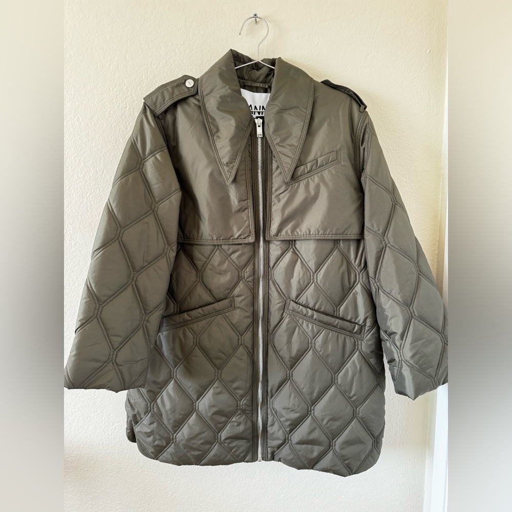 Ganni new with tags army green quilted jacket